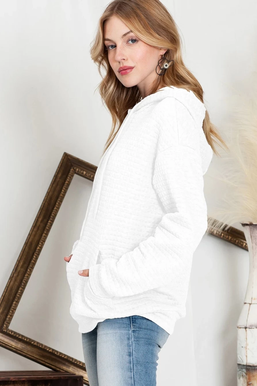 Shewin Women's White Lattice Textured Hoodie with Kangaroo Pocket & Drawstring