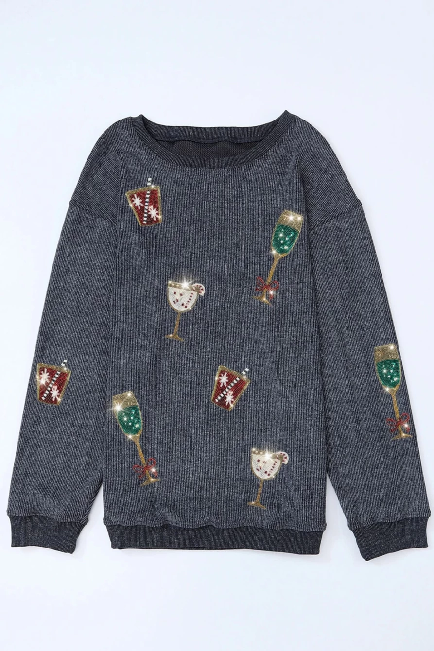 Shewin Women's Gray Corduroy Christmas Glasses Graphic Sweatshirt Holiday Cozy Pullover