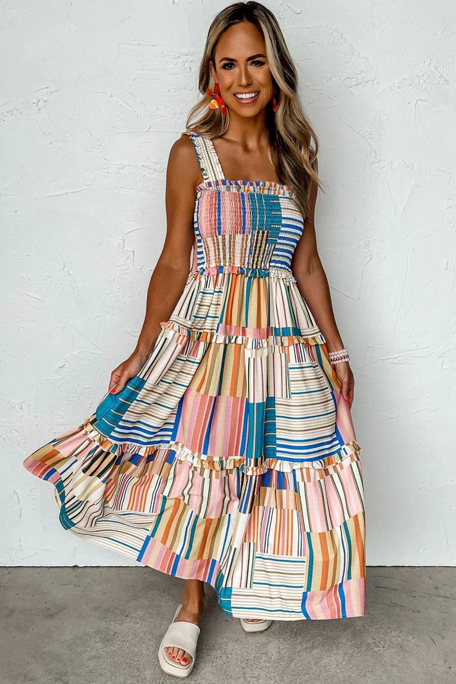 Shewin Women's Khaki Striped Smocked Tiered Maxi Dress with Wide Straps