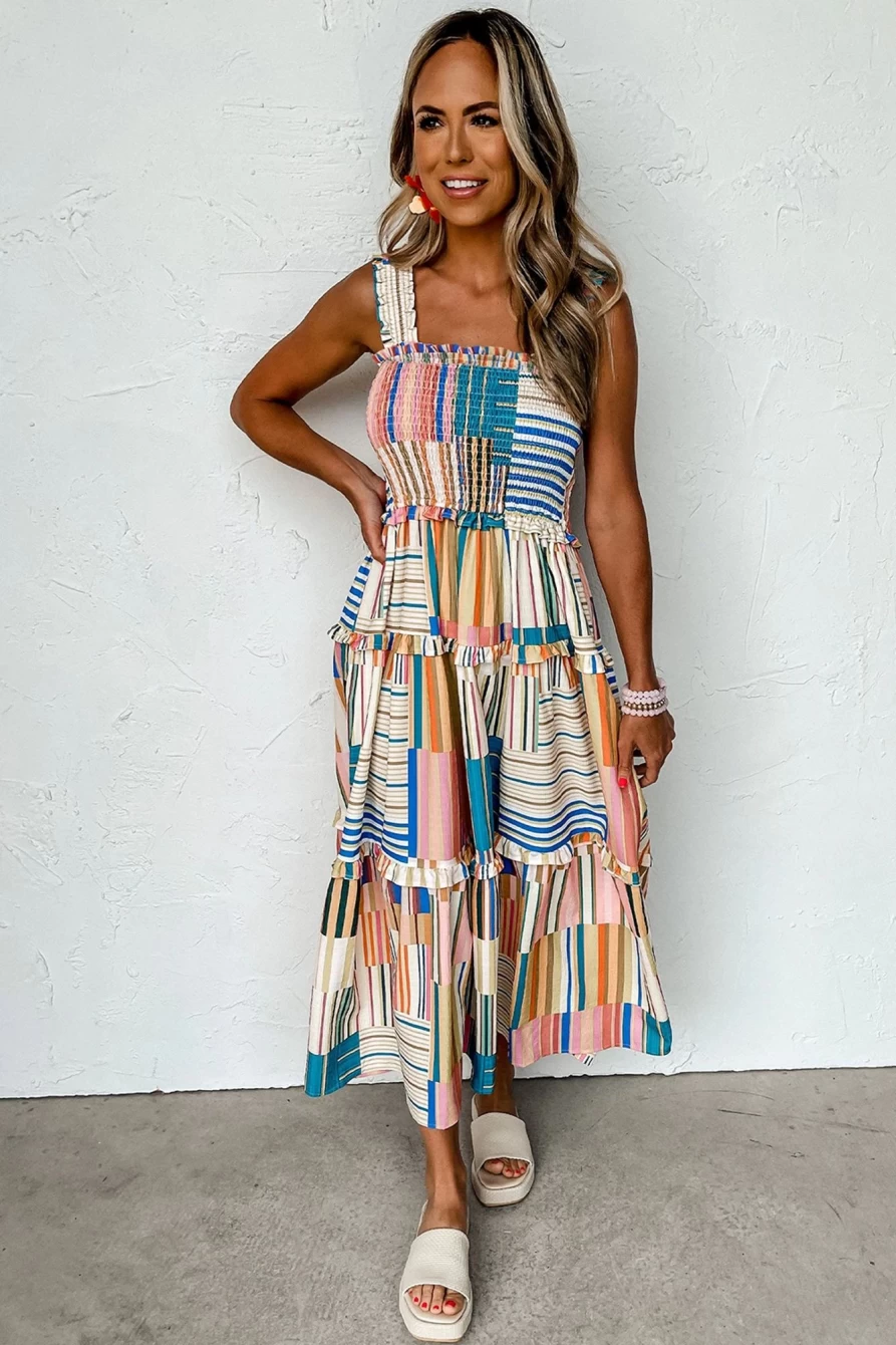 Shewin Women's Khaki Striped Smocked Tiered Maxi Dress with Wide Straps