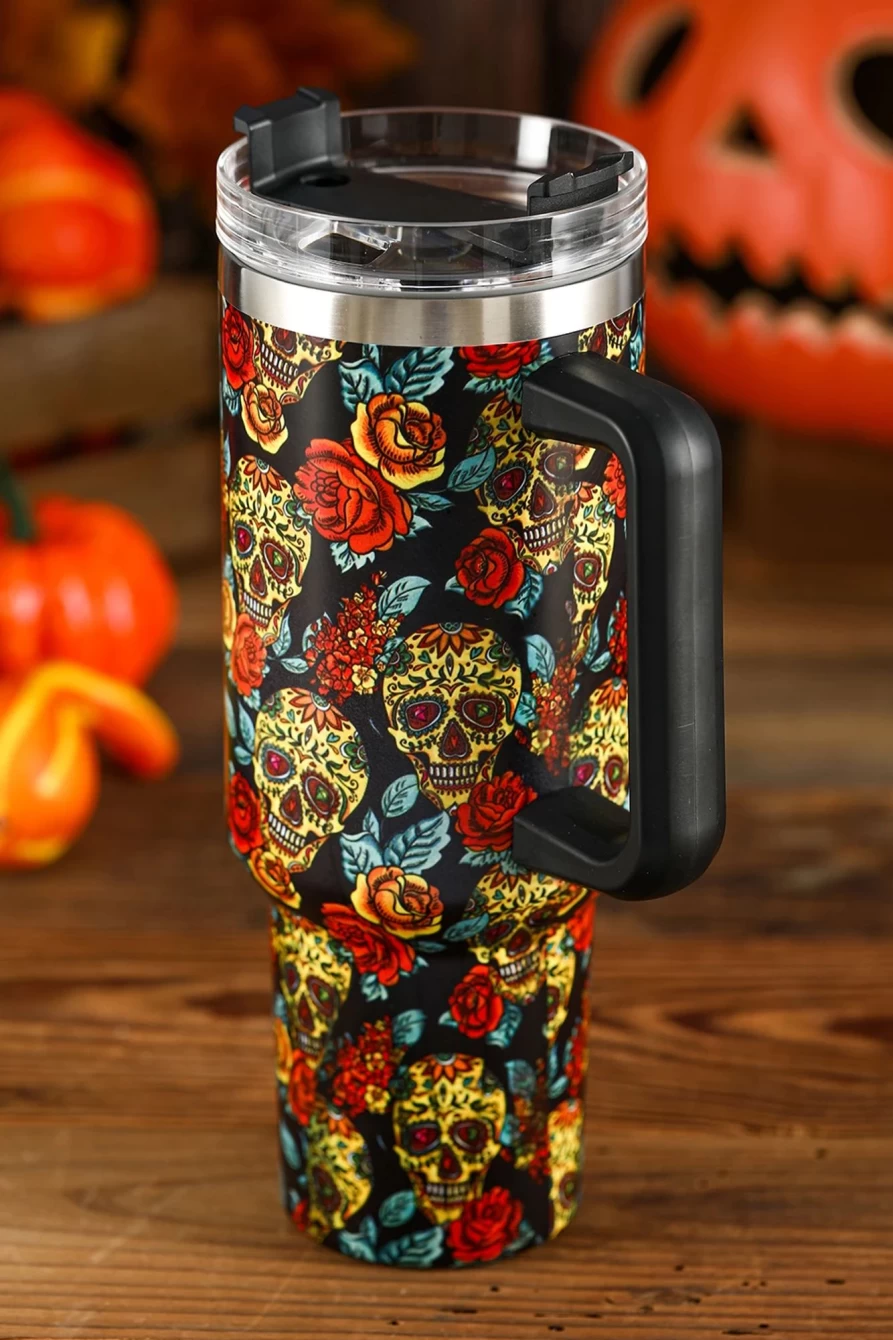 Shewin Women's Yellow Sugar Skull Halloween Tumbler - Insulated Fashion Cup for Spooky Season