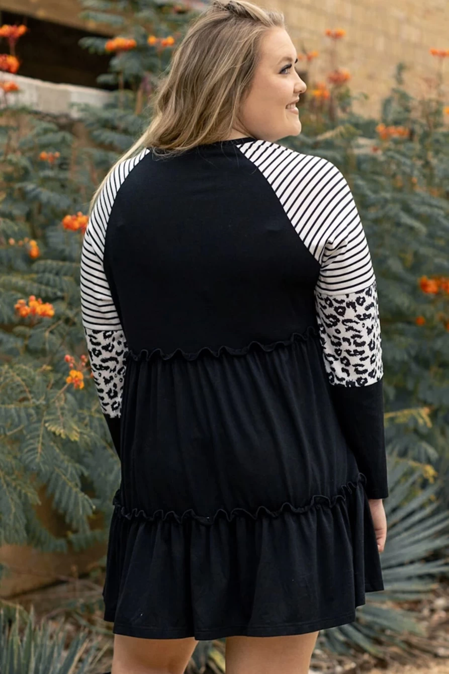 Shewin Women's Plus Size Black Striped Leopard Patch Sleeve Ruffle Tiered Dress