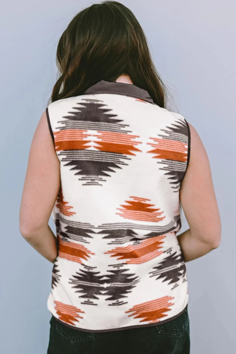 Shewin Women's Multicolor Geometric Print Fuzzy Vest Jacket with Snap Buttons