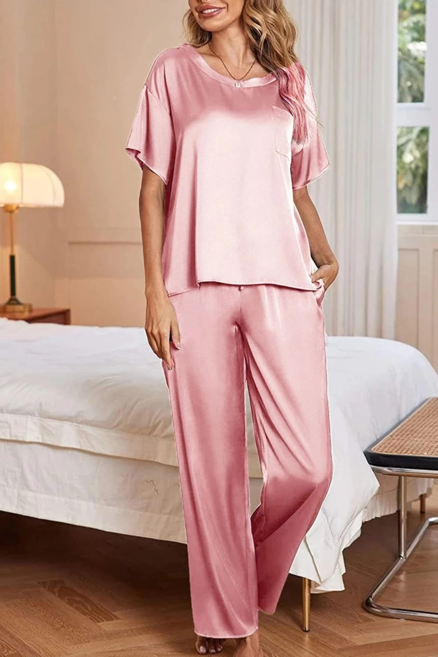 Shewin Women's Light Pink Satin Lounge Set with Chest Pocket & Drawstring Pants