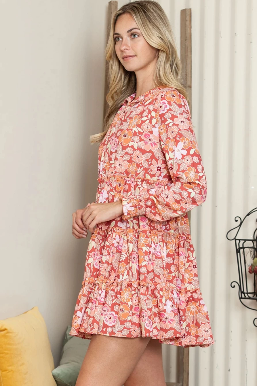 Shewin Women's Printed Floral Boho Mini Dress with Long Sleeves and Tiered Frill Details
