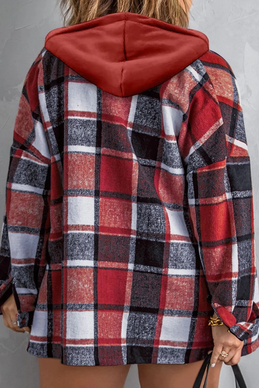Shewin Women's Red Printed Plus Size Plaid Hooded Jacket with Button Up Front