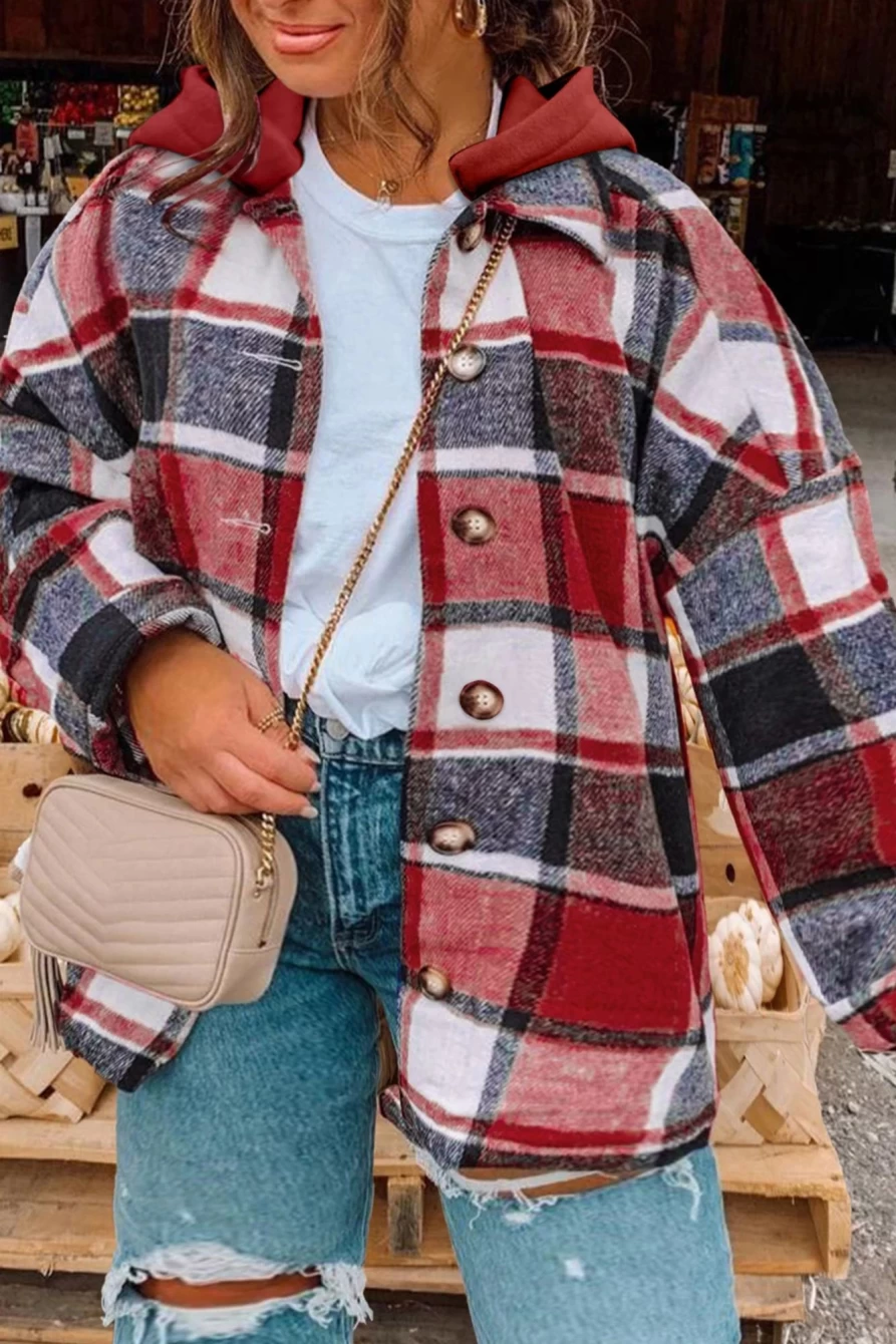 Shewin Women's Red Printed Plus Size Plaid Hooded Jacket with Button Up Front