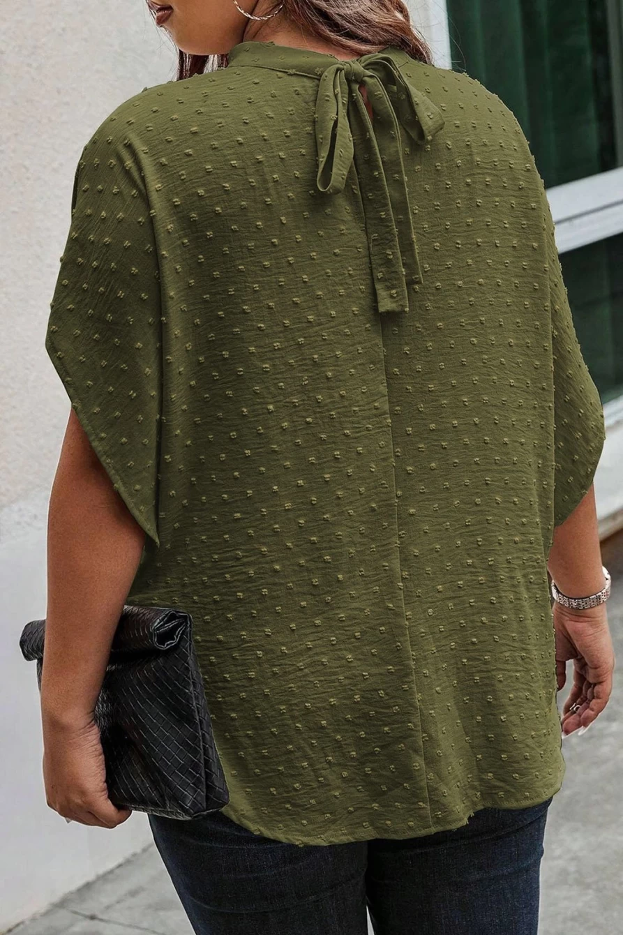 Shewin Women's Plus Size Moss Green Swiss Dot Mock Neck Blouse