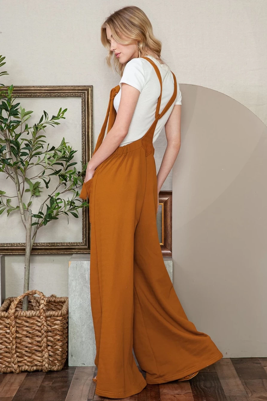 Shewin Women's Brown Wide Leg Overalls with Patch Pockets and Knot Strap Detail
