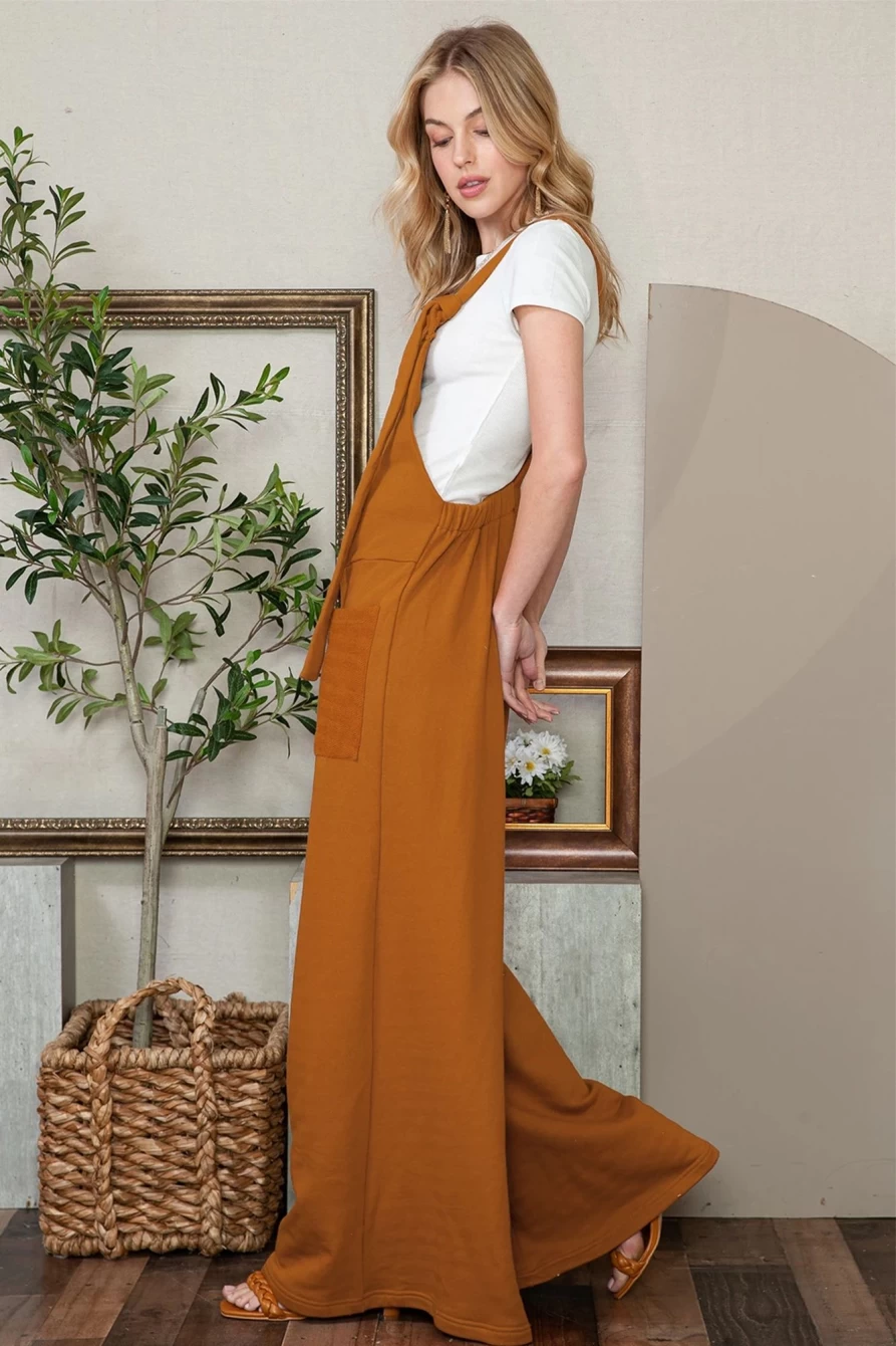 Shewin Women's Brown Wide Leg Overalls with Patch Pockets and Knot Strap Detail