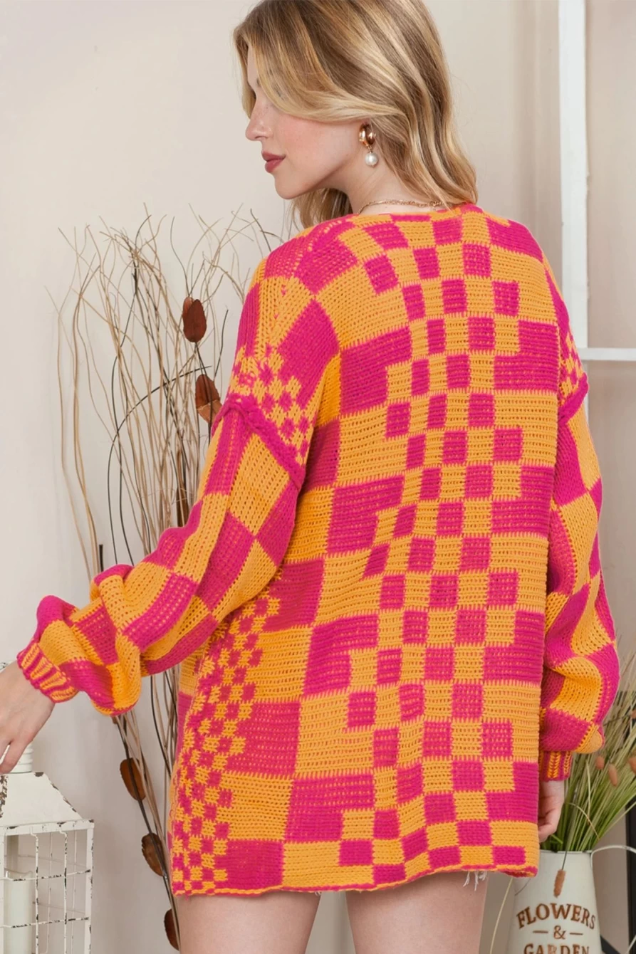 Shewin Women's Multicolor Colorblock Checked Knit Cardigan Open Front Sweater
