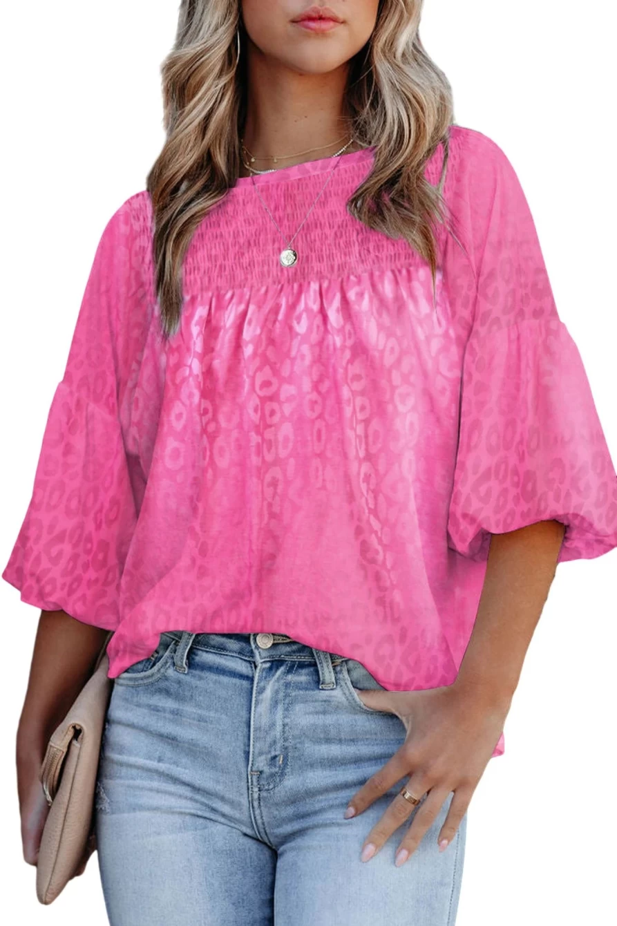 Shewin Women's Rose Leopard Print Smocked Blouse with Lantern Sleeves