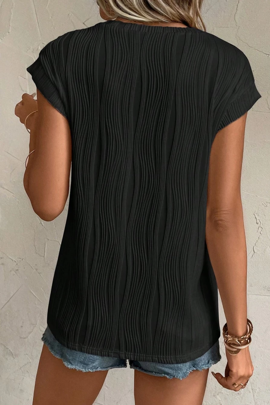 Shewin Women's Black Solid Color Wavy Textured Cap Sleeve Top