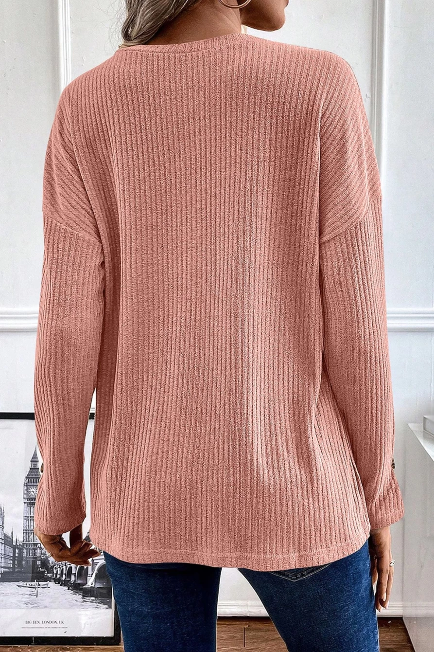 Shewin Women's Rose Tan Ribbed Knit Henley Top with Drop Shoulder Long Sleeve