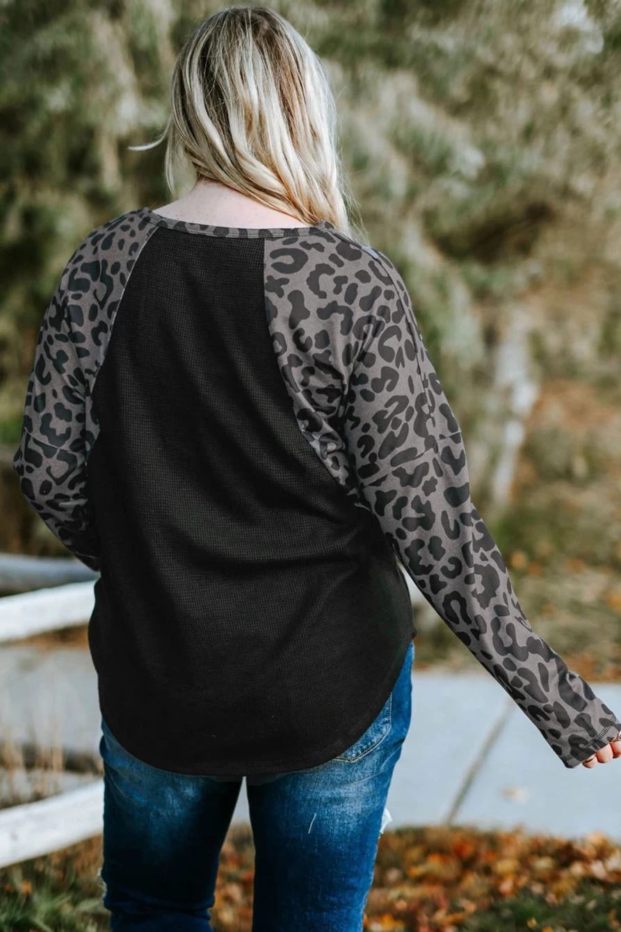 Shewin Women's Black Leopard Print Waffle Knit Plus Size Top with Raglan Sleeves