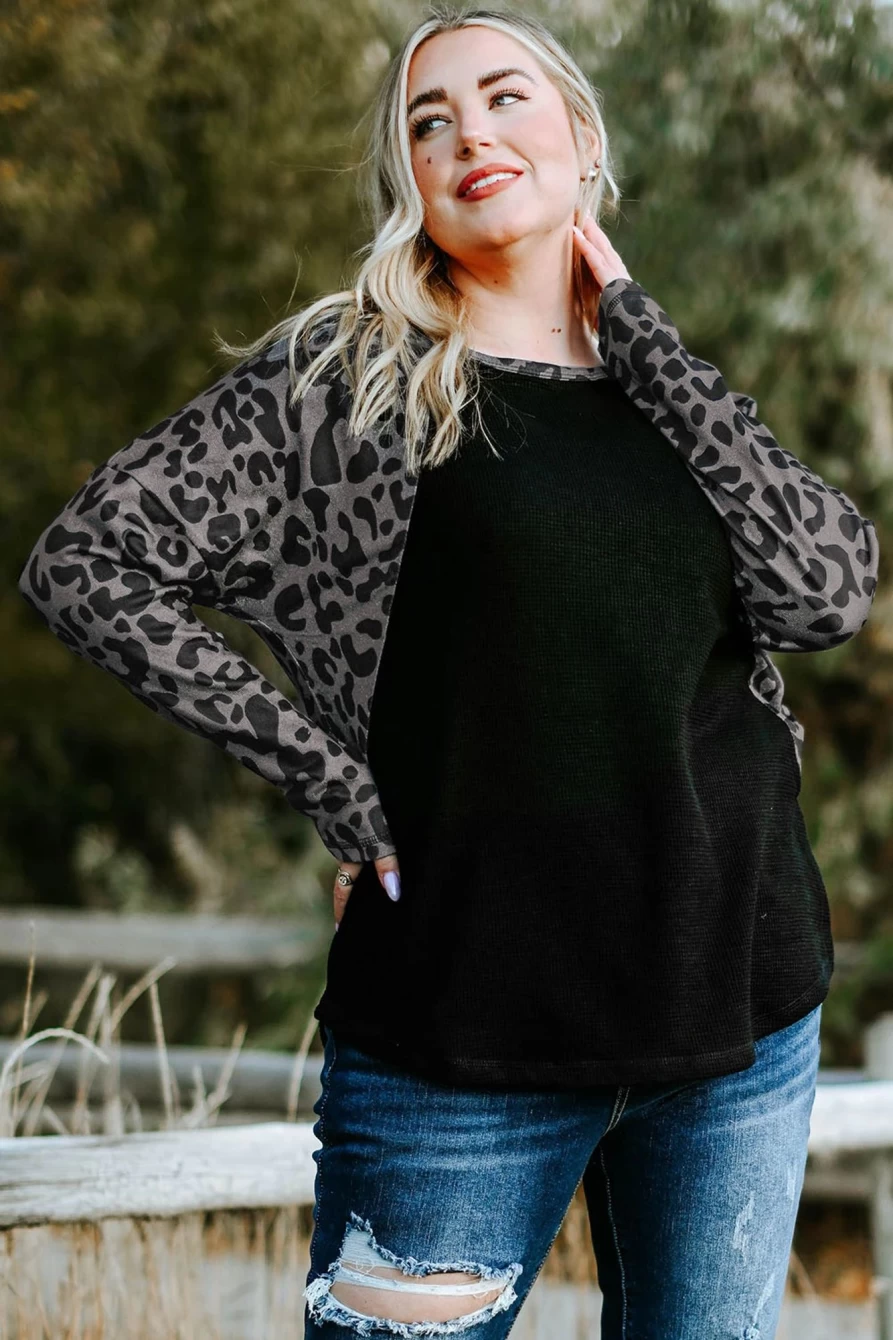 Shewin Women's Black Leopard Print Waffle Knit Plus Size Top with Raglan Sleeves