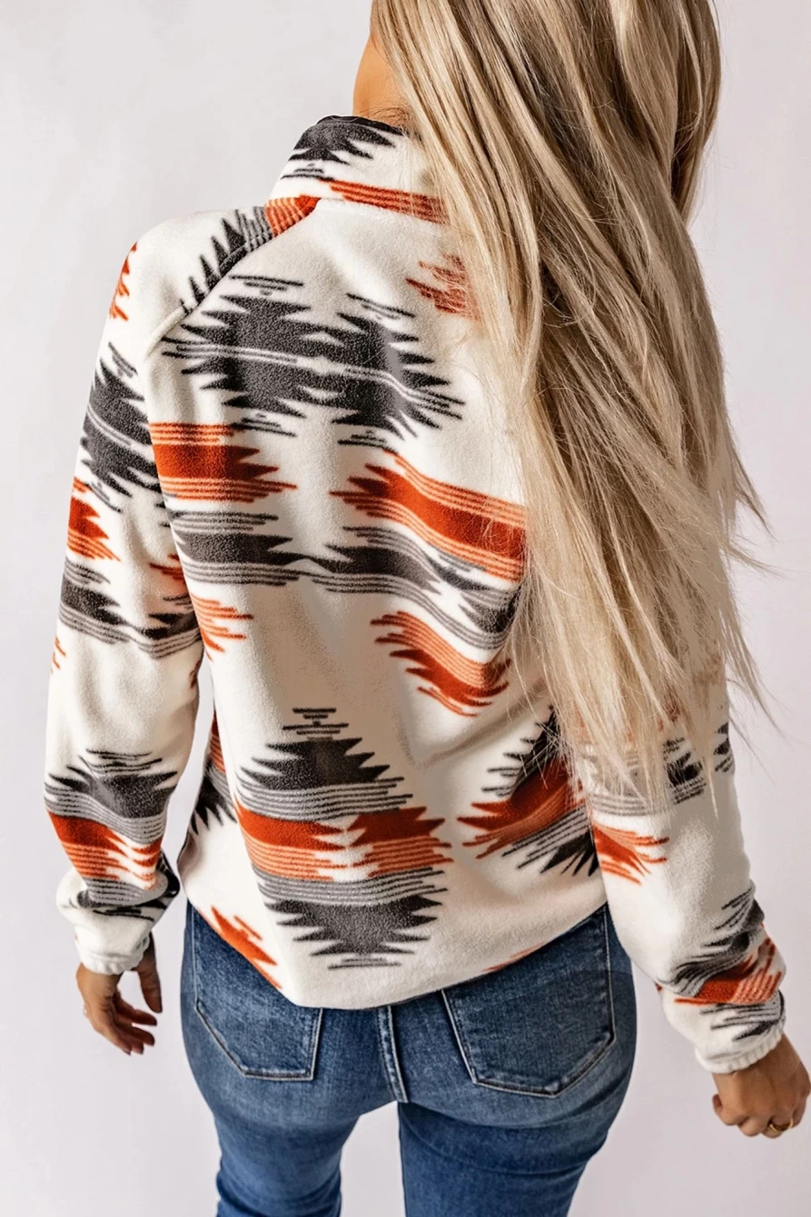 Women's Gray Geometric Print Fleece Jacket with Snap Buttons & Pocket - Shewin
