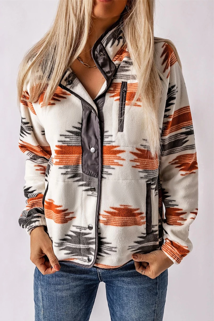Women's Gray Geometric Print Fleece Jacket with Snap Buttons & Pocket - Shewin