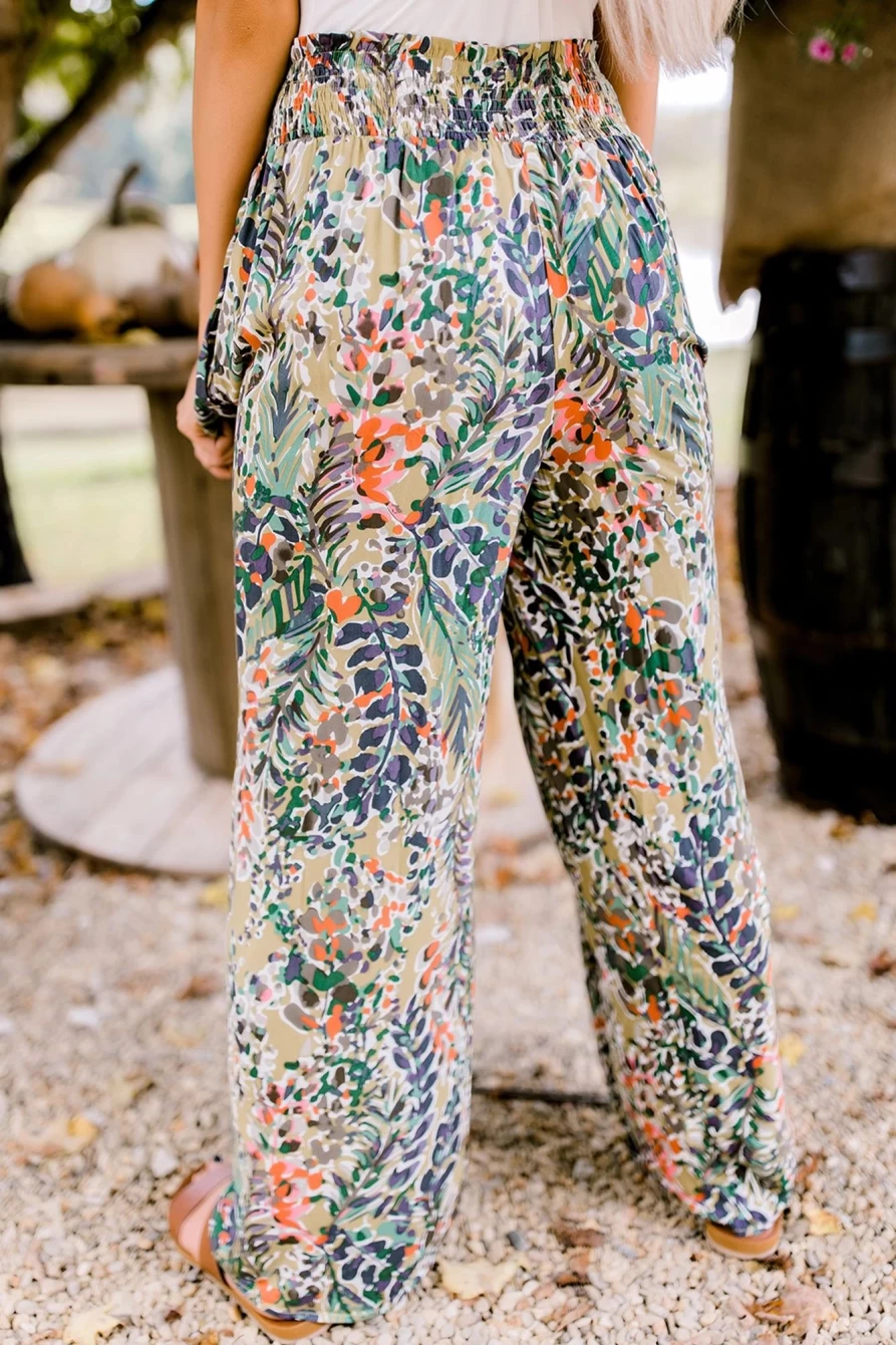 Shewin Women's Multicolor Abstract Print High Waist Shirred Wide Leg Pants
