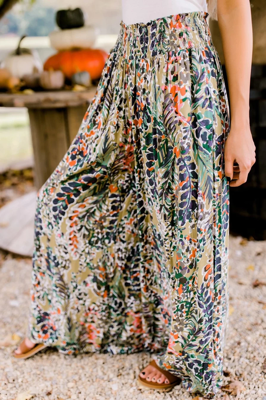 Shewin Women's Multicolor Abstract Print High Waist Shirred Wide Leg Pants