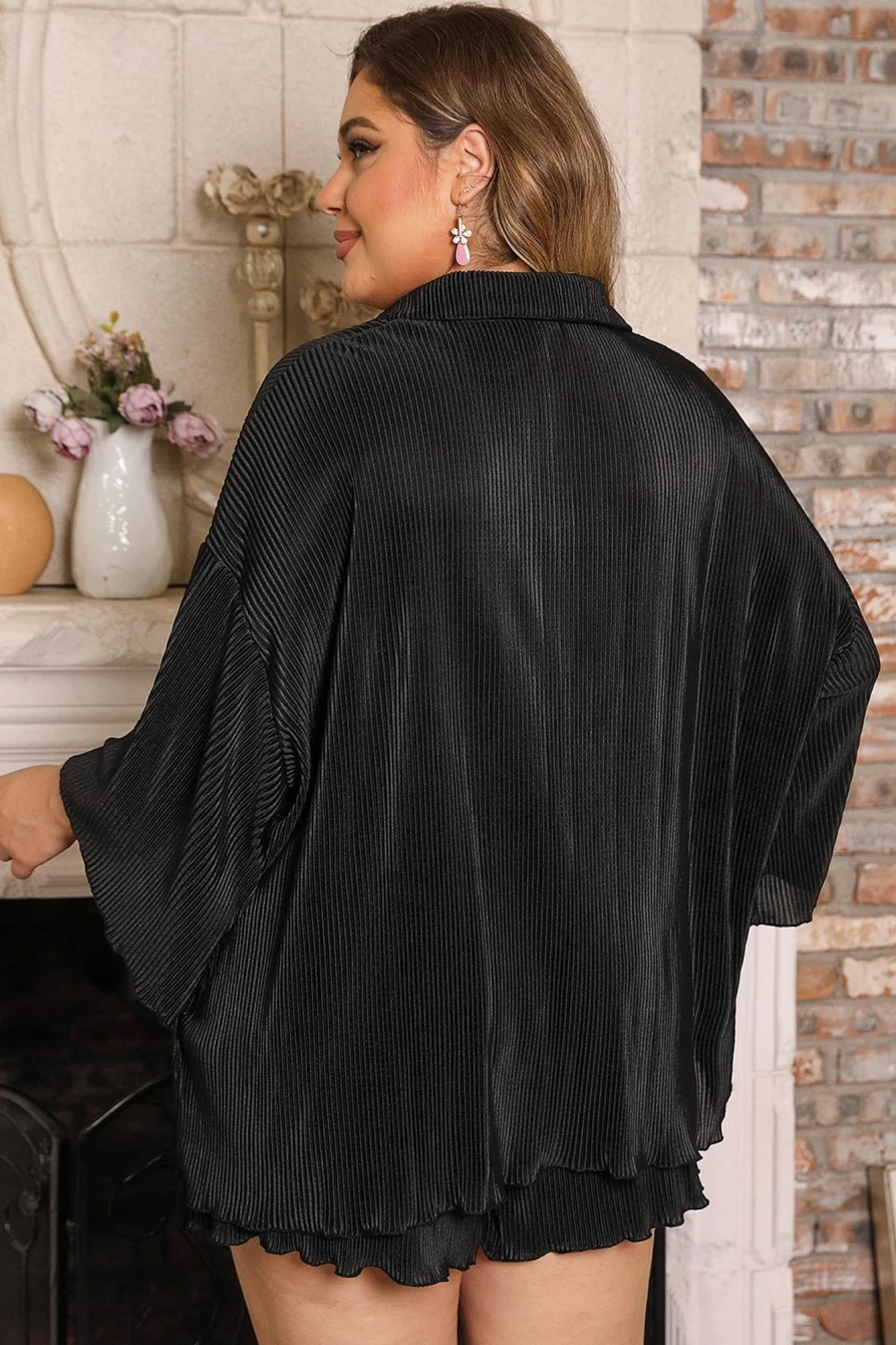 Shewin Women's Black 3/4 Sleeve Pleated Lounge Set - Plus Size Comfort Shorts & Top Homewear