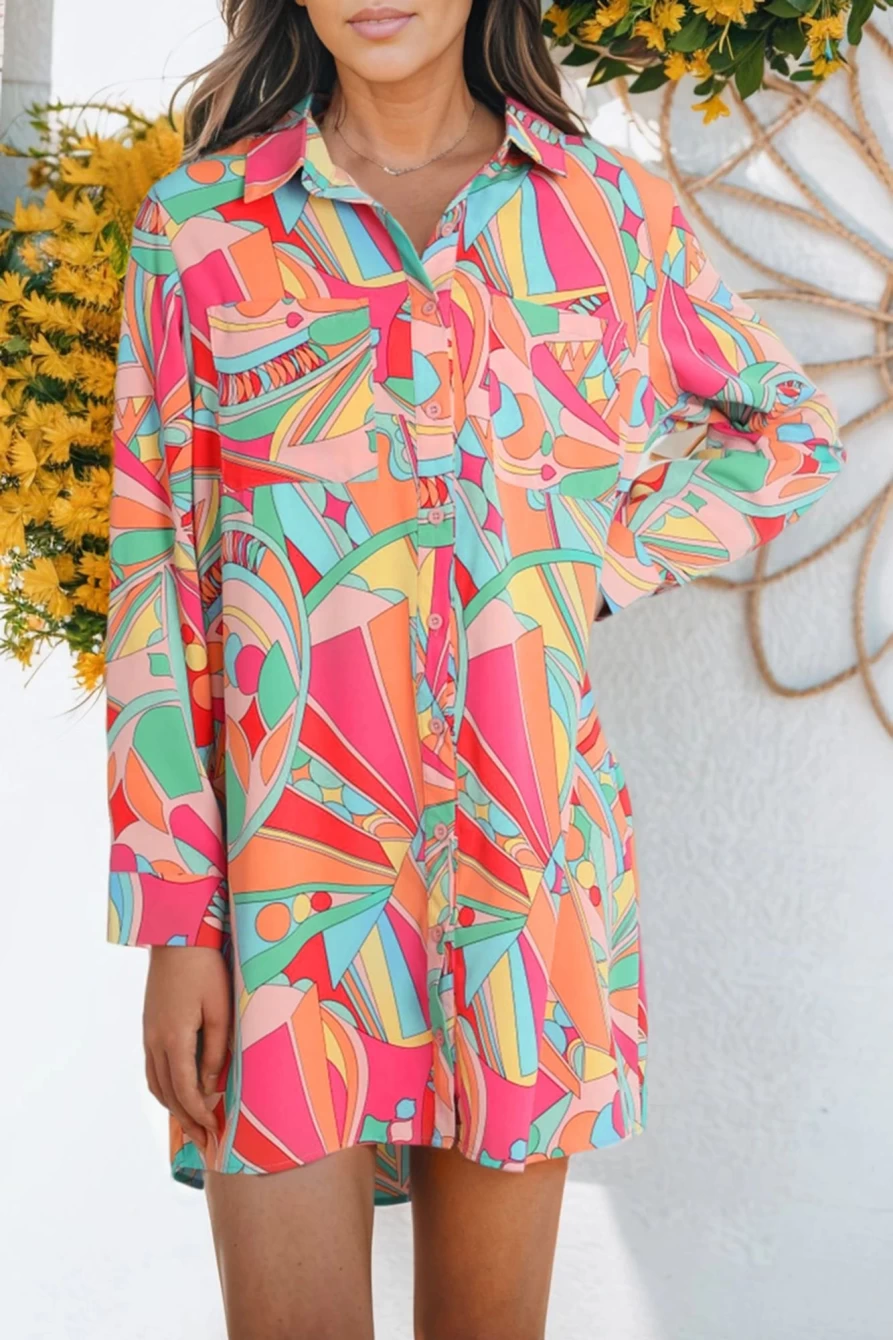 Shewin Women's Multicolor Abstract Print Long Sleeve Shirt Dress