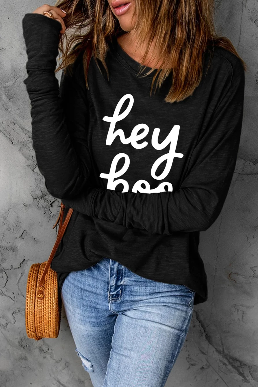 Shewin Women's Black Graphic Loose Fit Crew Neck T-Shirt - Hey Boo Design
