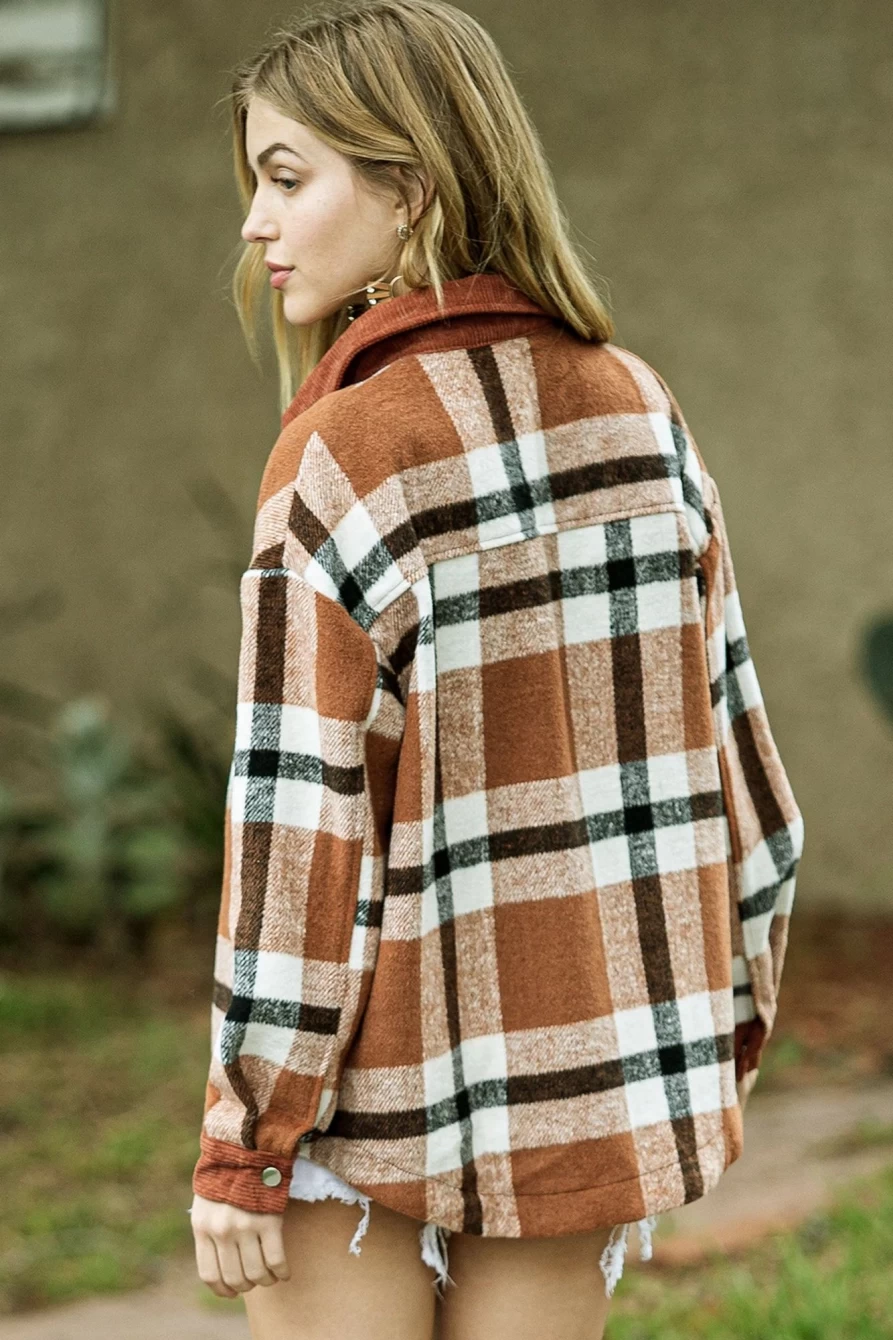 Women's Brown Plaid Shacket by Shewin - Casual Button-Up Shirt with Pockets