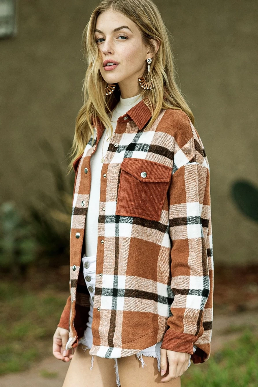Women's Brown Plaid Shacket by Shewin - Casual Button-Up Shirt with Pockets