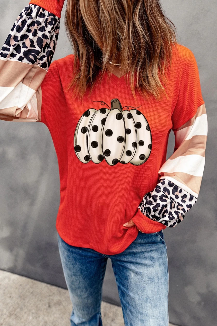 Shewin Women's Red Polka Dot & Leopard Stripe Colorblock Blouse