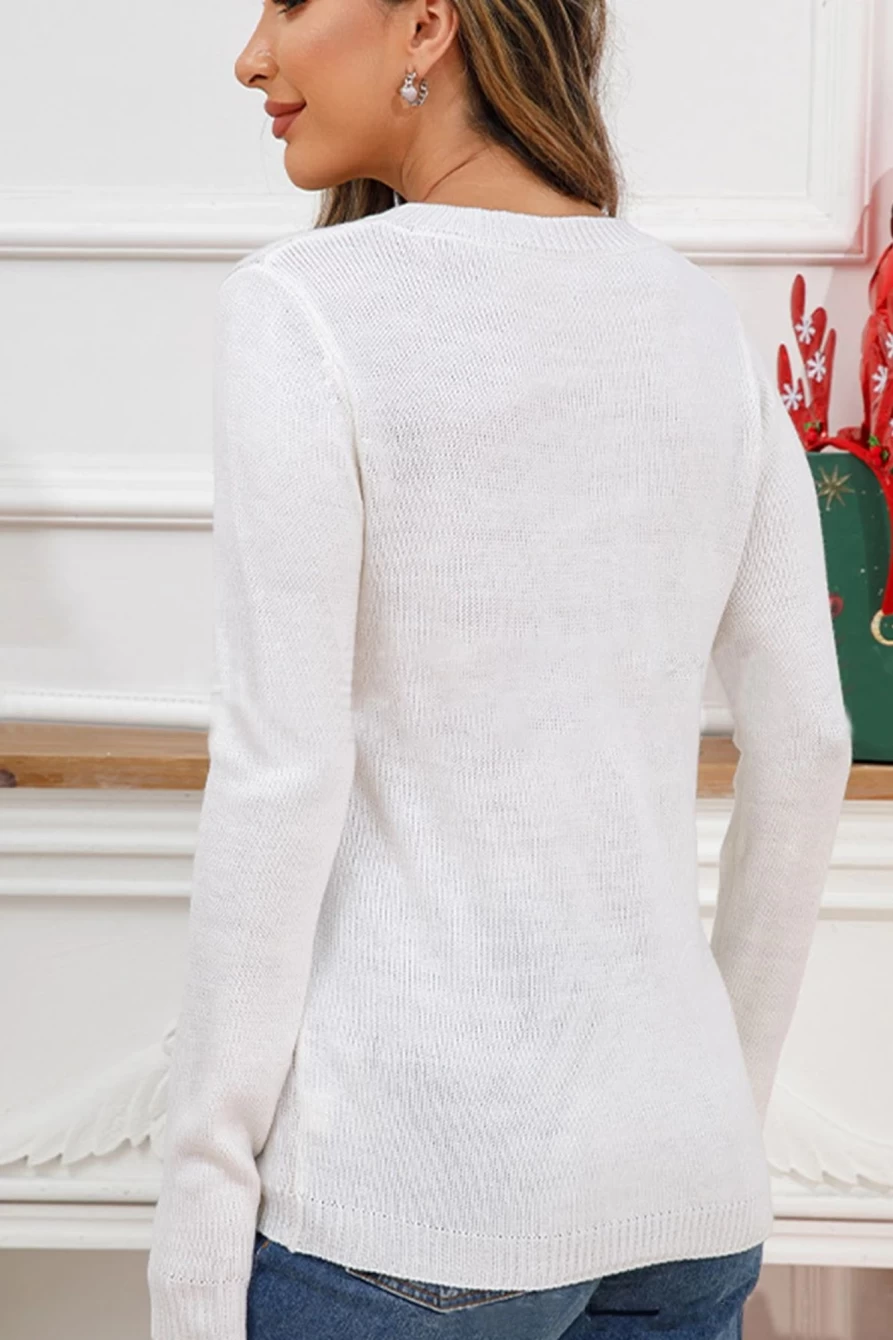 "Shewin Women's Bright White Christmas Deer Snow Print Sweater Holiday Knit Top"