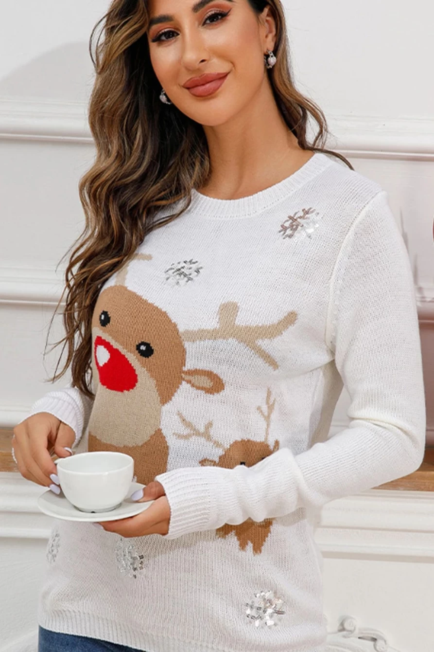 "Shewin Women's Bright White Christmas Deer Snow Print Sweater Holiday Knit Top"