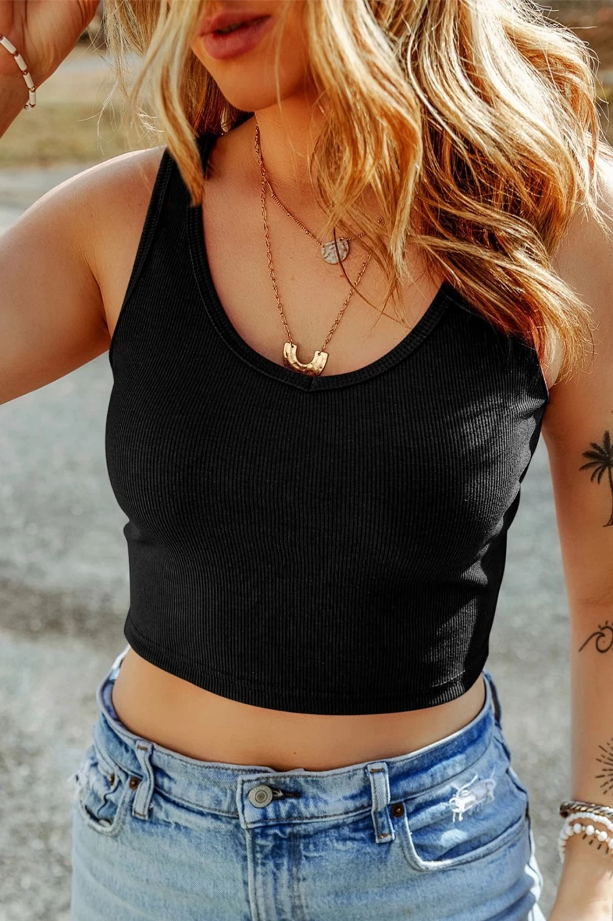 Shewin Women's Black Solid Color Ribbed Knit Crop Tank Top