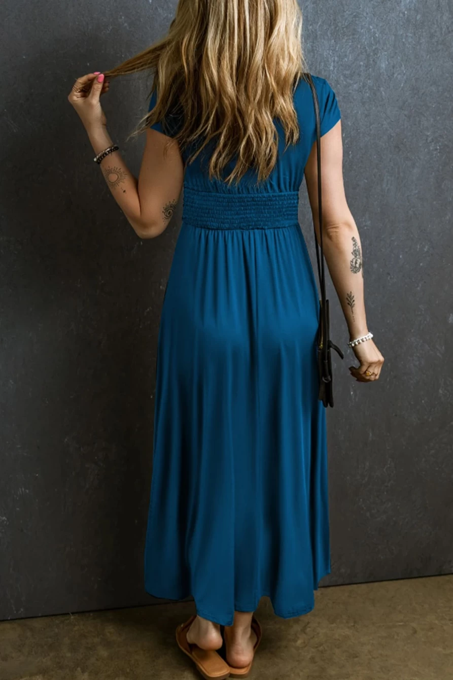 Shewin Women's Peacock Blue Deep V Neck Ruched High Waist Maxi Dress