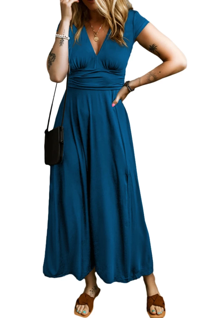 Shewin Women's Peacock Blue Deep V Neck Ruched High Waist Maxi Dress