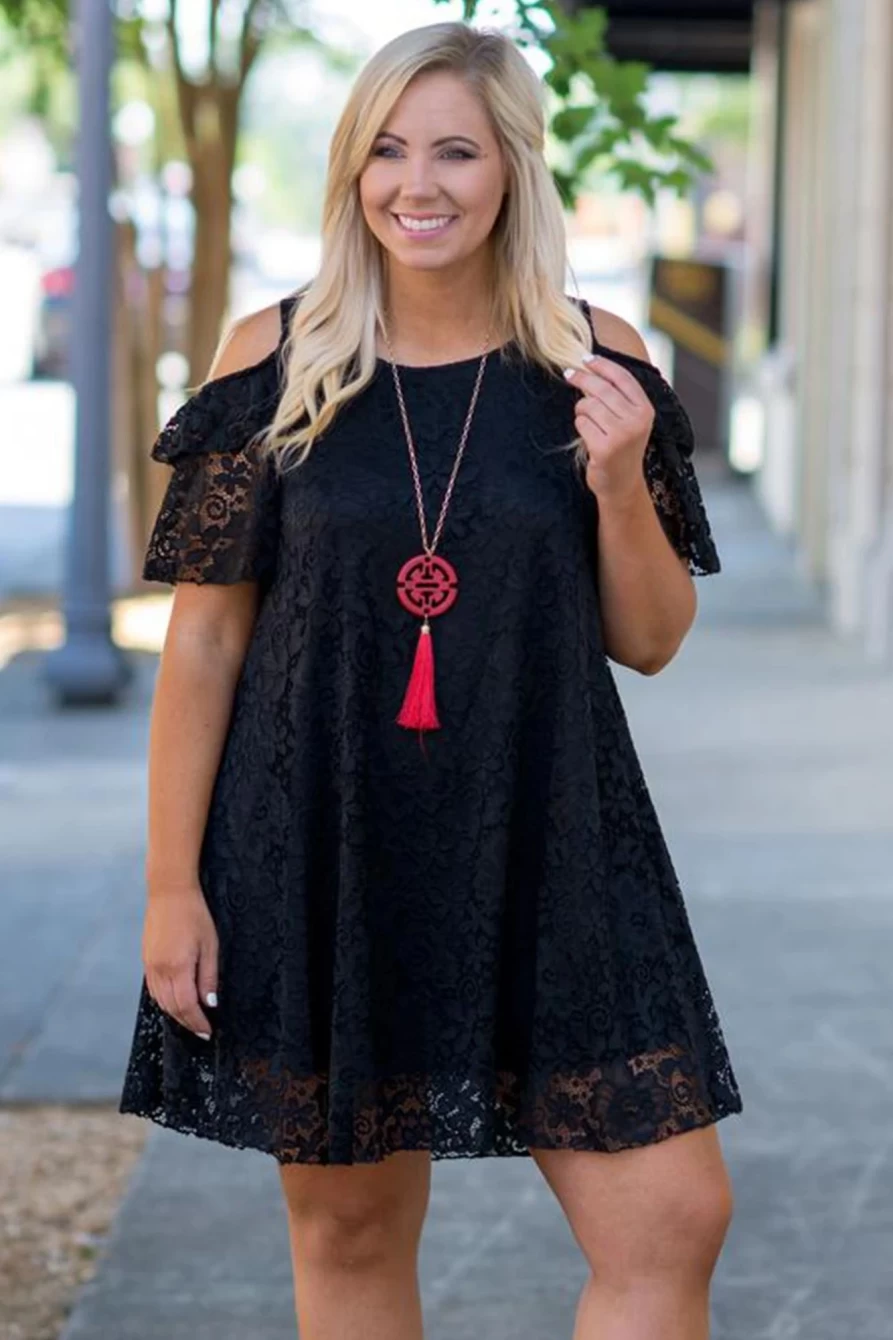 Shewin Women's Black Lace Cold Shoulder Plus Size Dress - Elegant Long Sleeve Party Gown