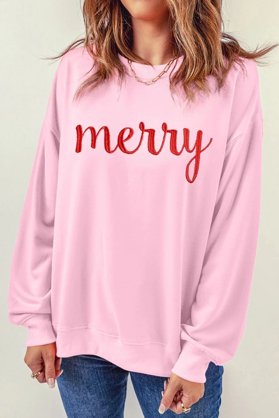 Shewin Women's Pink Merry Graphic Drop Shoulder Sweatshirt - Cozy Crew Neck Pullover