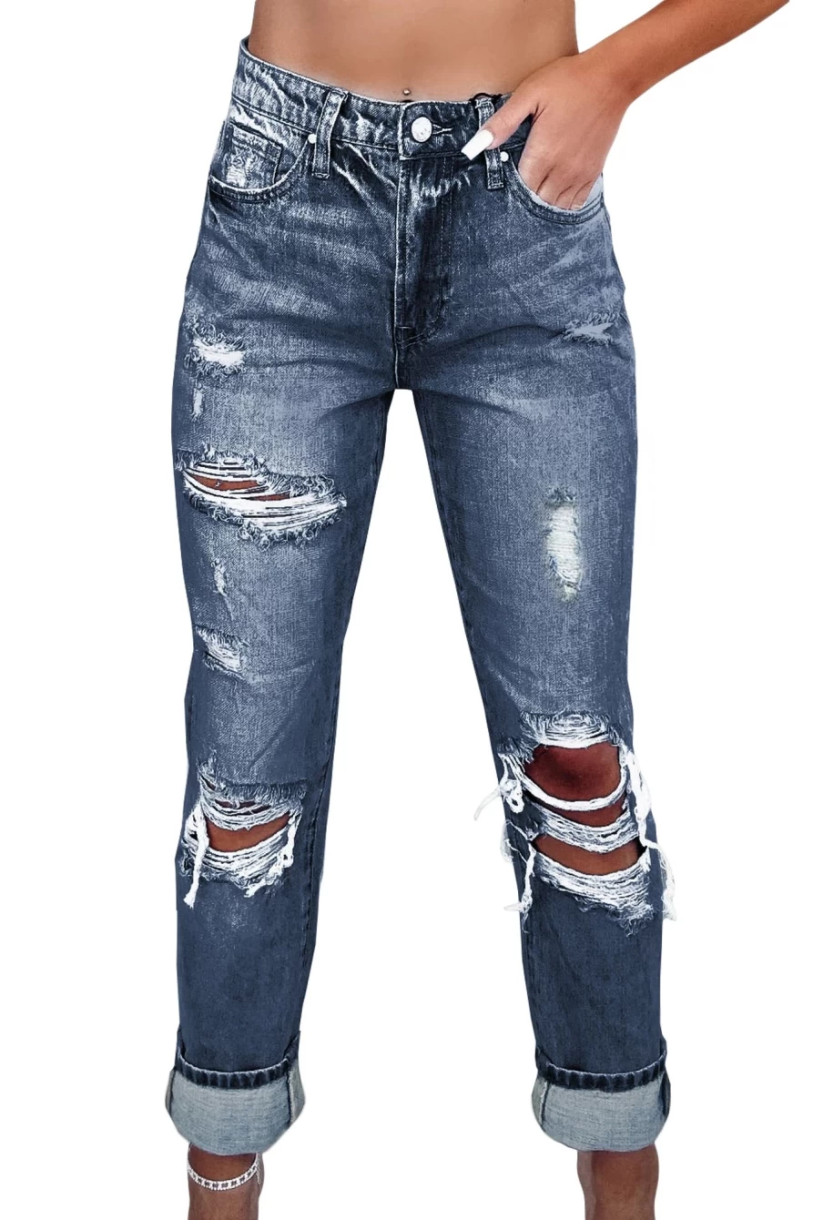 Shewin Women's Navy Blue Light Wash High Waist Slim Fit Frayed Hem Jeans