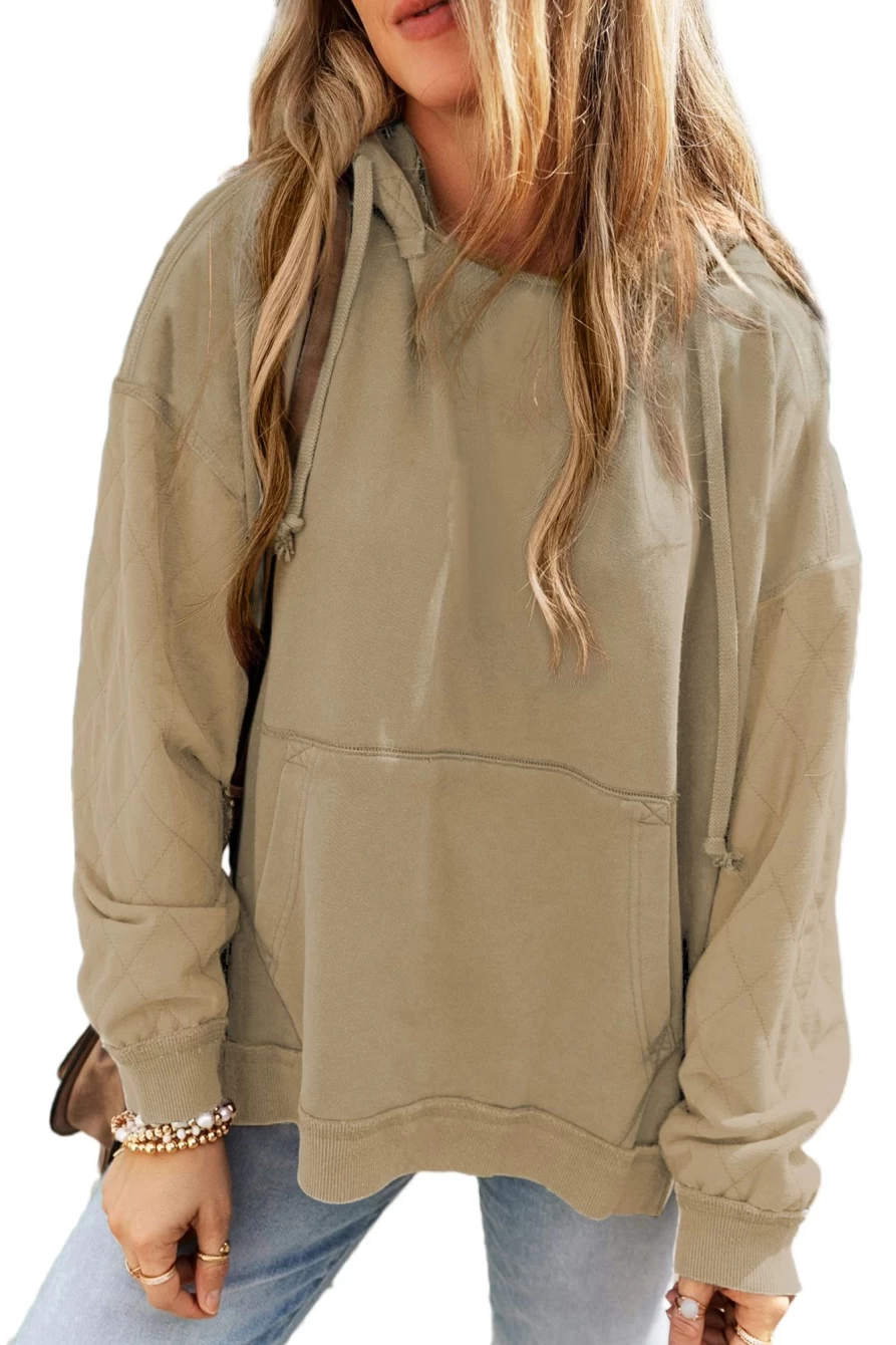Shewin Women's Parchment Quilted Patchwork Hoodie with Kangaroo Pocket & Exposed Seams