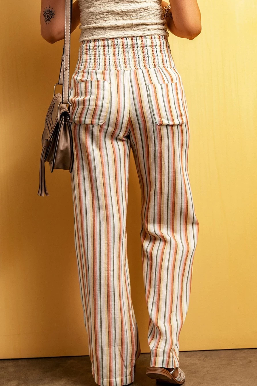 Shewin Women's Striped High Waist Shirred Print Straight Leg Pants