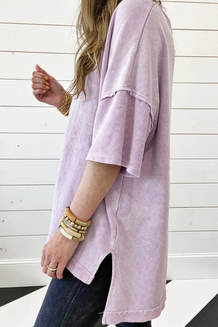 Shewin Women's Orchid Petal Oversized Tee with Mineral Wash and Exposed Seam Detail