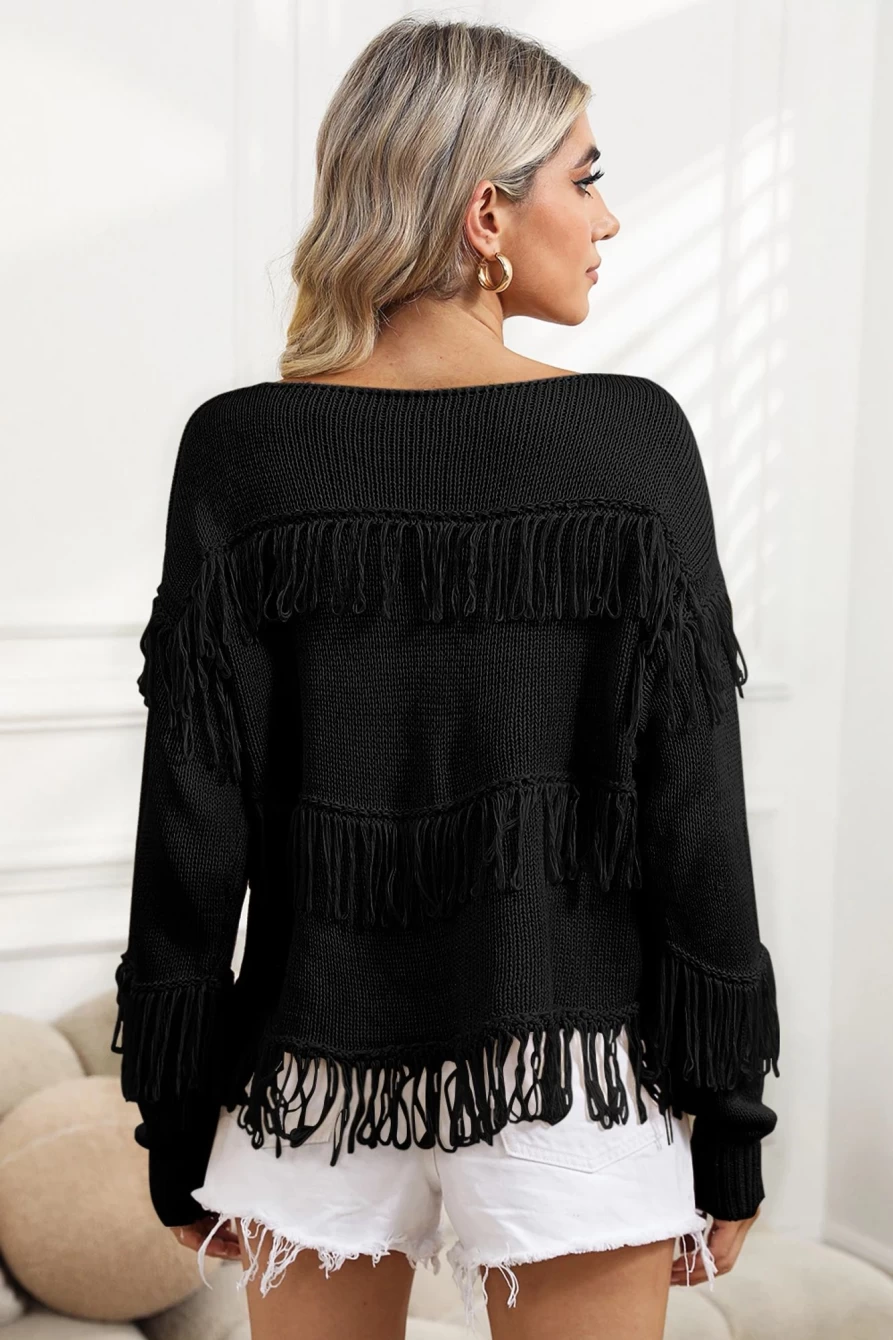 Women's Black Boho Fringe Tasseled Knitted Sweater by Shewin - Cozy Chic Lace-Up Long Sleeve Pullover