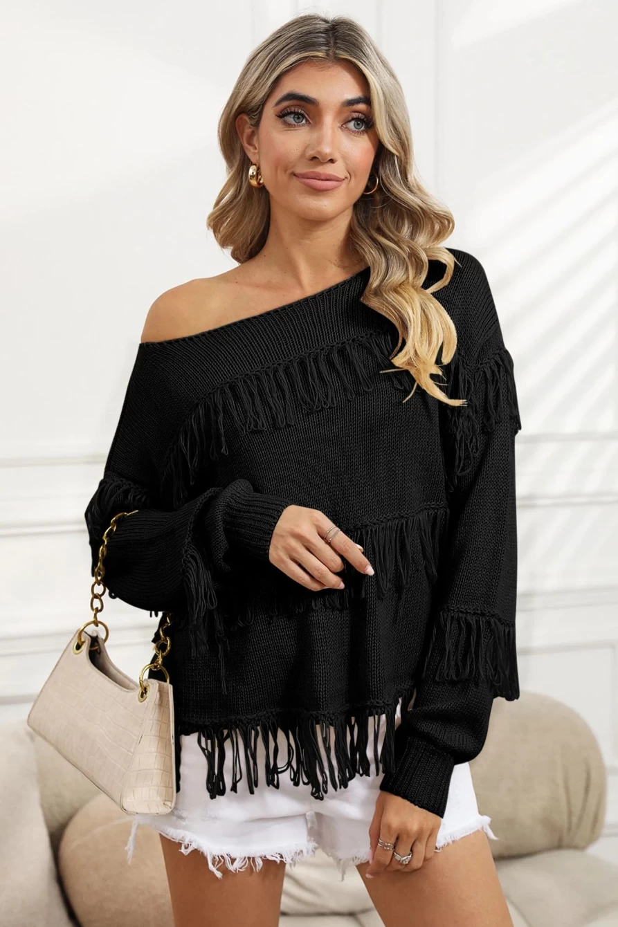 Women's Black Boho Fringe Tasseled Knitted Sweater by Shewin - Cozy Chic Lace-Up Long Sleeve Pullover