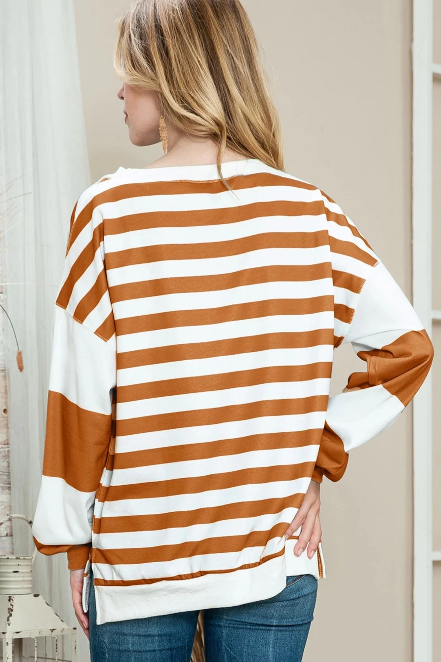Shewin Women's Brown Striped Colorblock Drop Shoulder Casual Sweatshirt