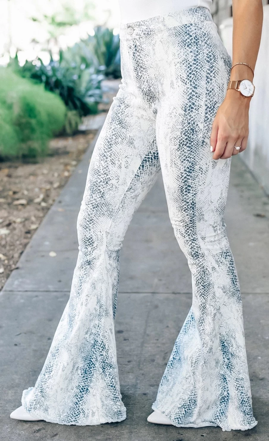 Shewin Women's White High Waist Casual Snakeskin Print Flare Pants