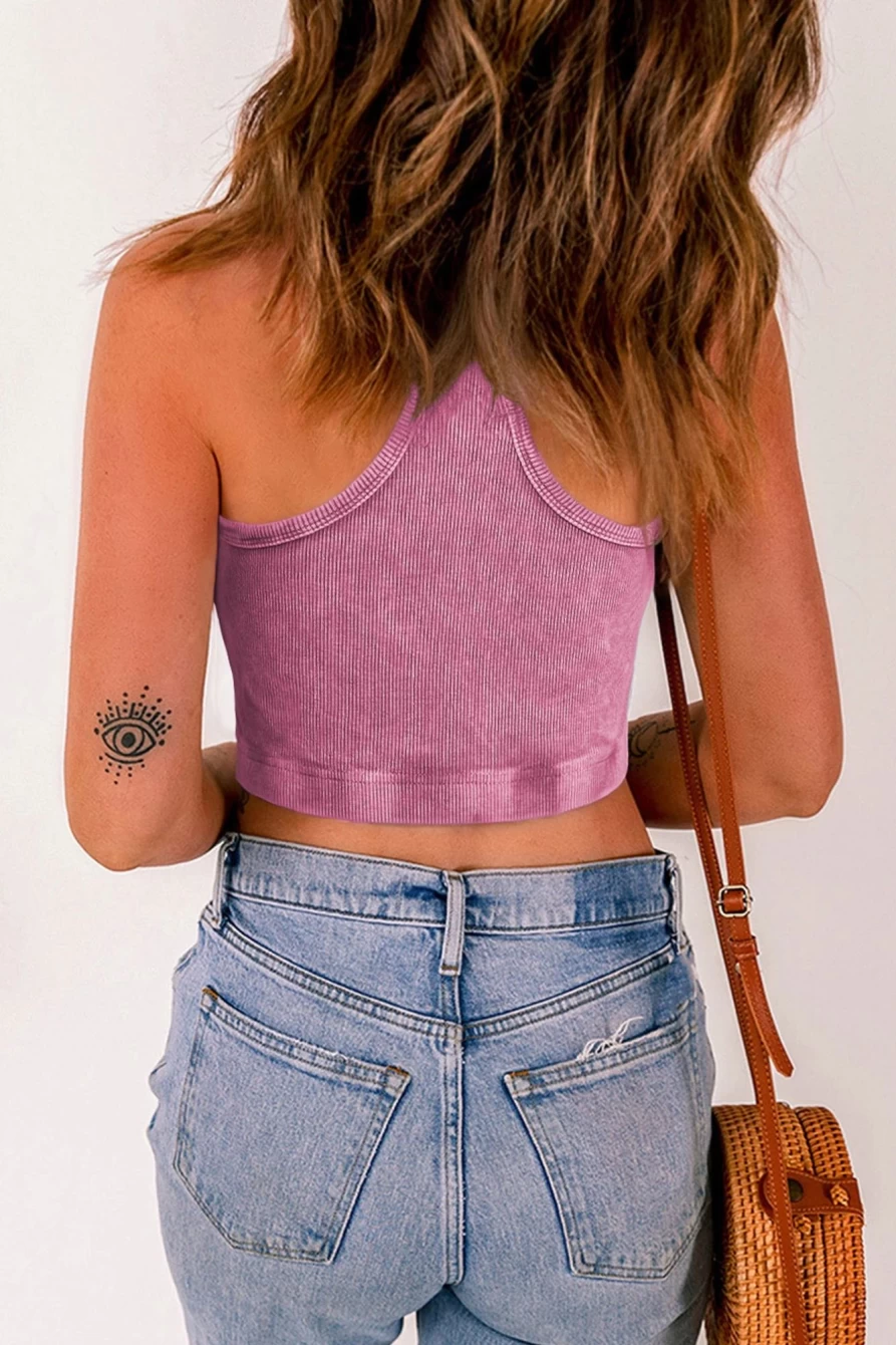 Shewin Women's Pink Ribbed Mineral Wash Cropped Racerback Tank Top