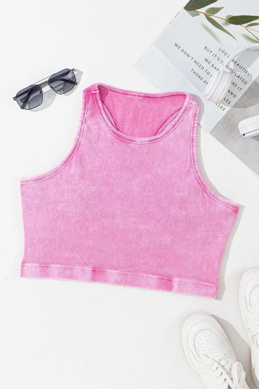 Shewin Women's Pink Ribbed Mineral Wash Cropped Racerback Tank Top
