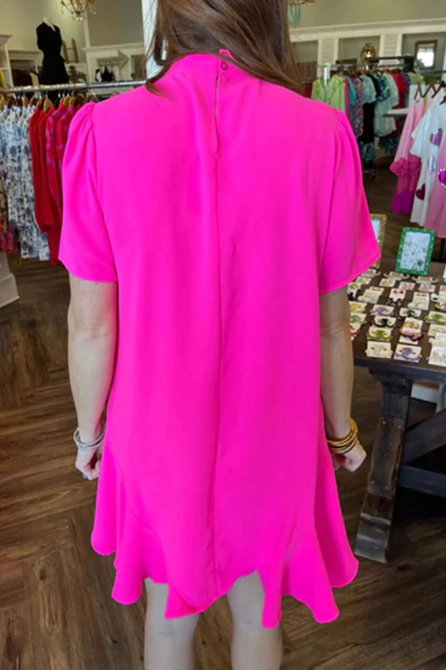 Shewin Women's Bright Pink Tie Neck Ruffle Hem Mini Dress - Flirty & Feminine Party Outfit