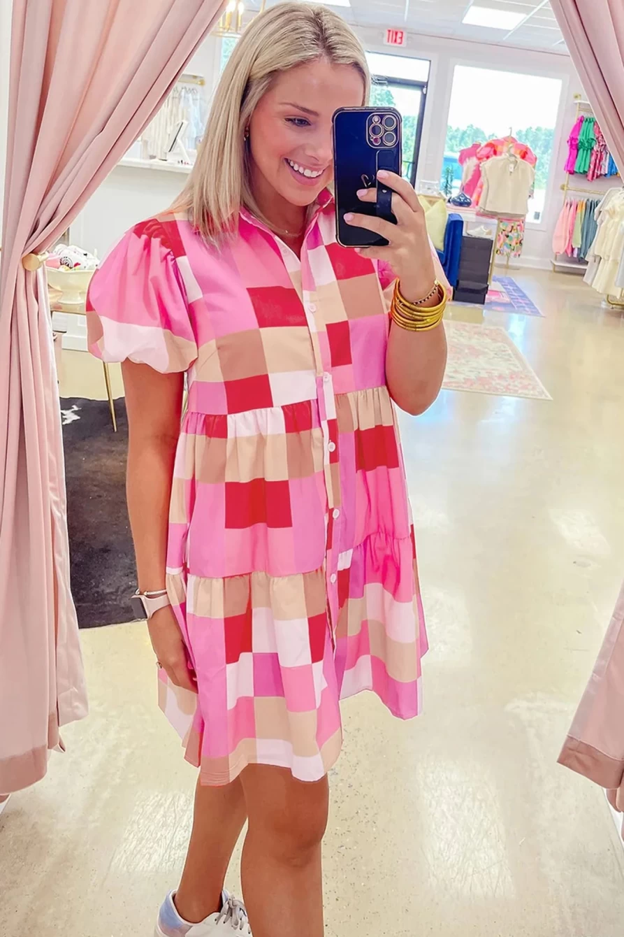 Shewin Women's Pink Colorblock Plaid Mini Dress with Puff Sleeves & Tiered Design