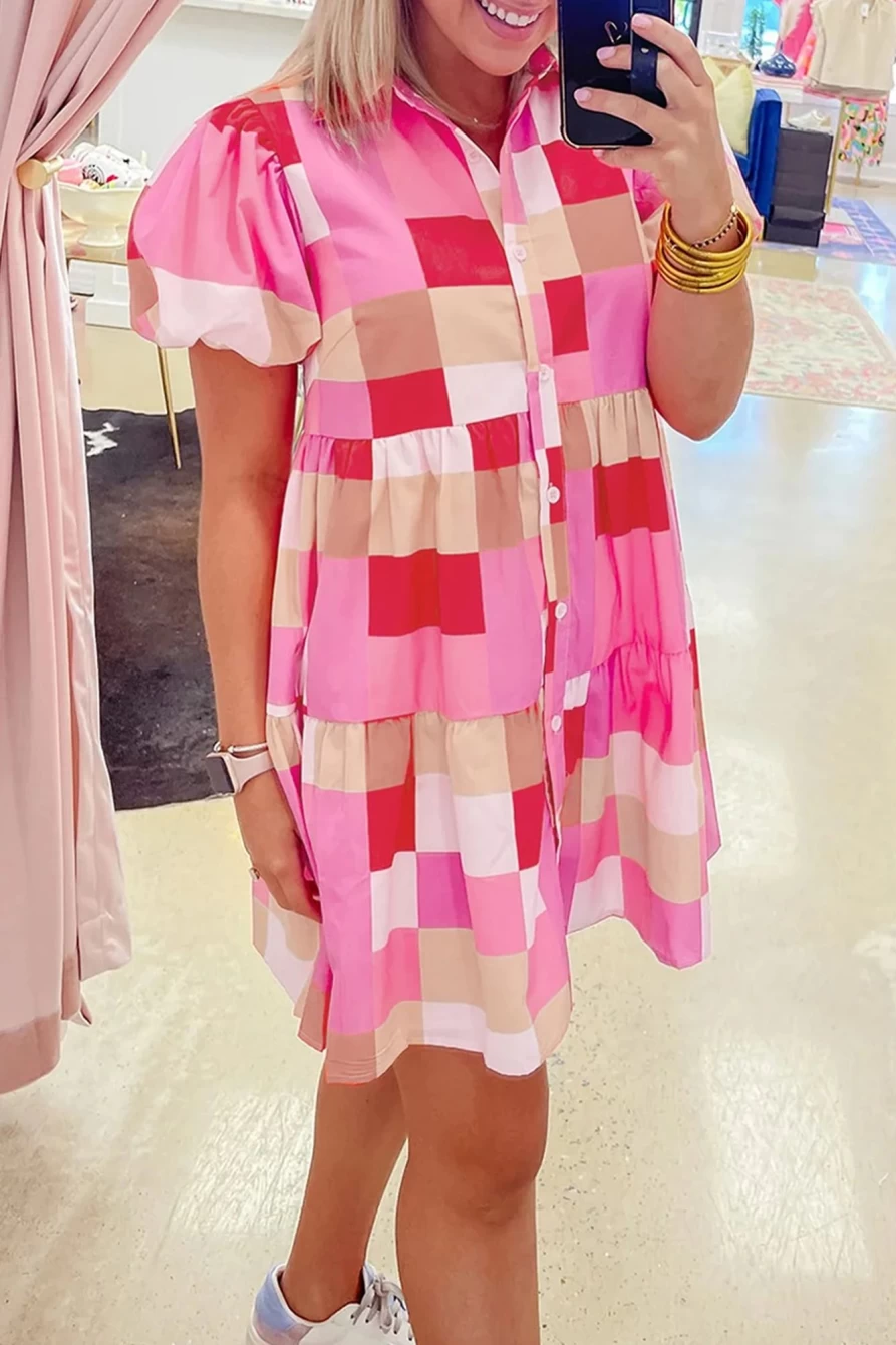Shewin Women's Pink Colorblock Plaid Mini Dress with Puff Sleeves & Tiered Design